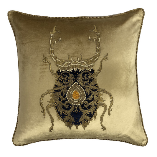 Sanctuary Hand Embroidered Cushion Cover - gold w/ black bug