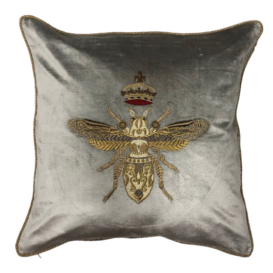 Sanctuary Hand Embroidered Cushion Cover - platinum w/ gold bug