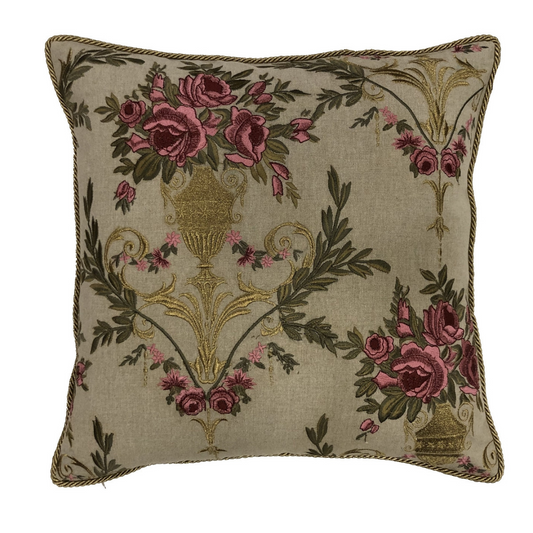 Sanctuary Hand Embroidered Cushion Cover - pink & gold chambrey