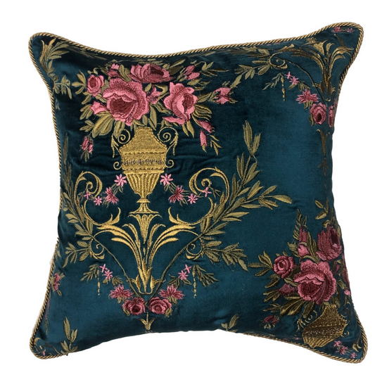 Sanctuary Hand Embroidered Cushion Cover - pink on blue chambrey