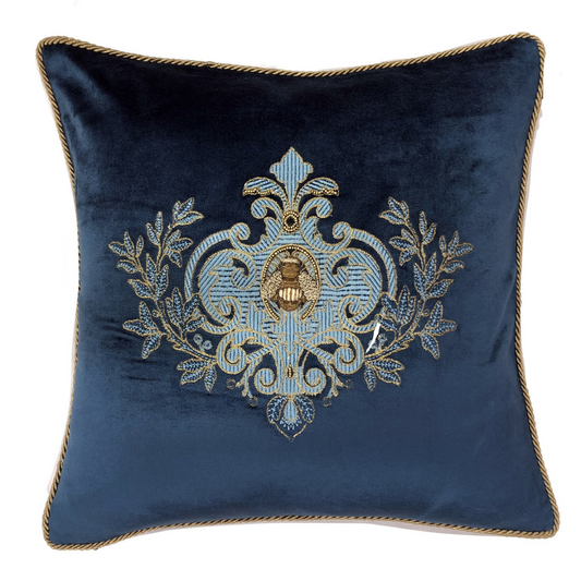 Sanctuary Hand Embroidered Cushion Cover - teal w/ blue wreath