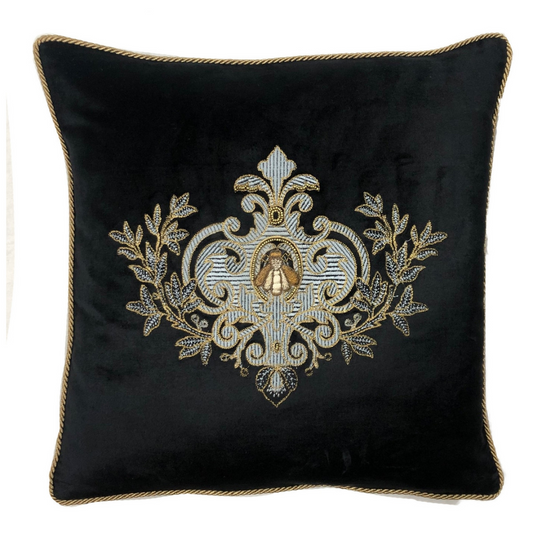 Sanctuary Hand Embroidered Cushion Cover - black w/ grey wreath