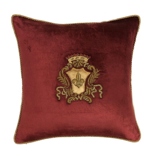 Sanctuary Hand Embroidered Cushion Cover - Maroon w/ gold wreath