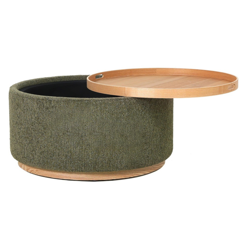 Miami storage ottoman moss green with removable wood tray lifted to show hidden storage
