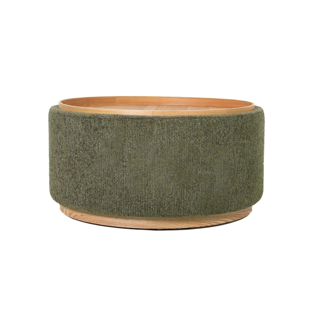Moss green boucle storage ottoman coffee table with natural wood tray top