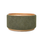 Moss green boucle storage ottoman coffee table with natural wood tray top