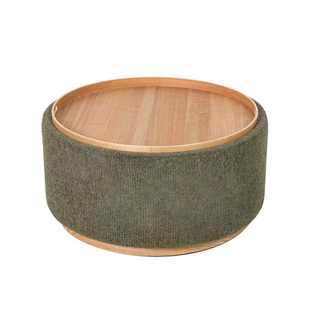 Miami tray ottoman coffee table in moss green boucle with wood base