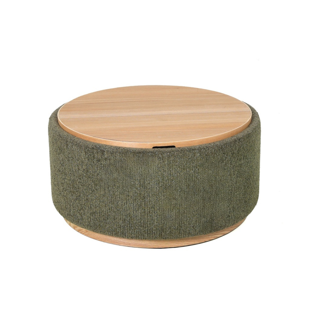 Round storage ottoman coffee table with solid wood tray top, moss green