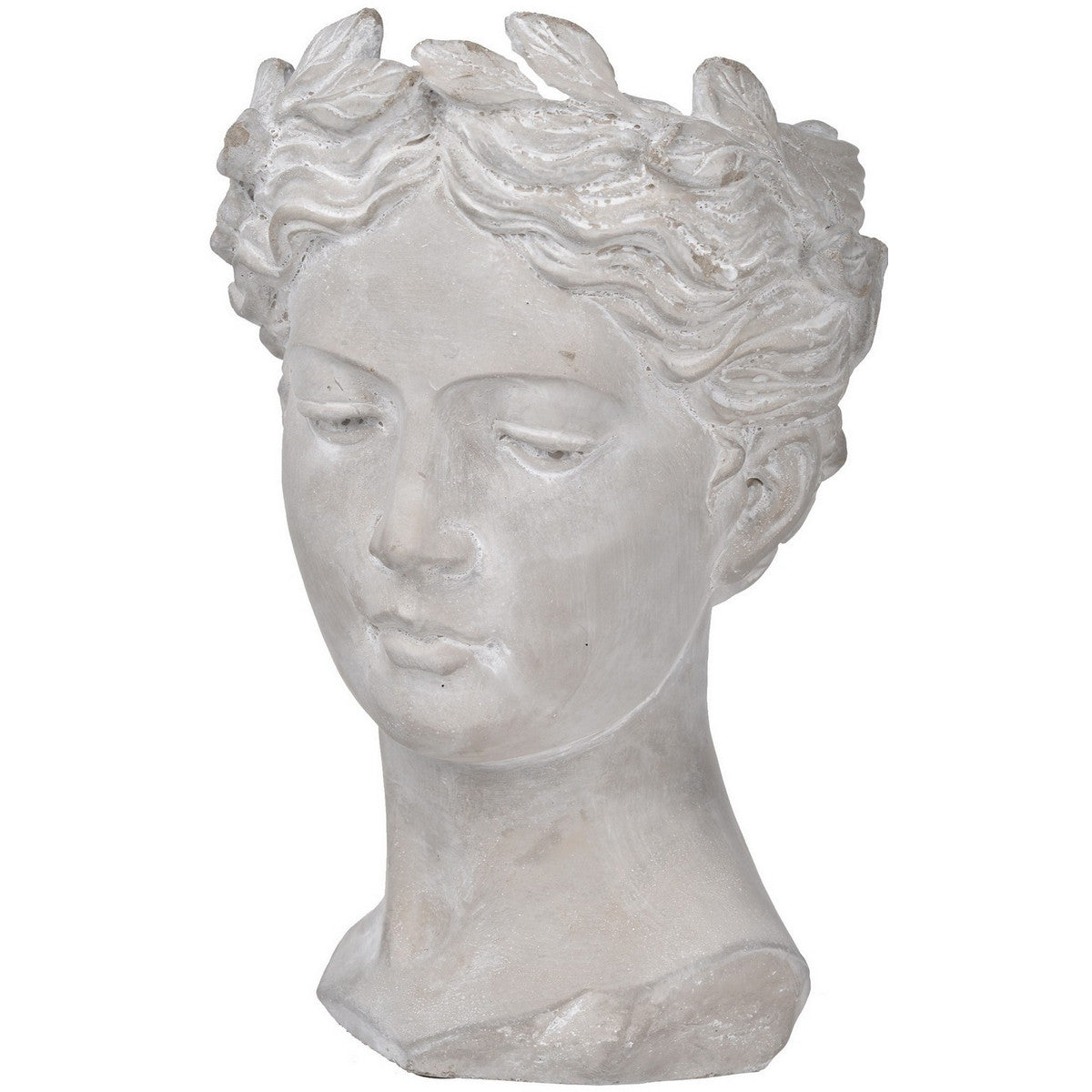 Large Visage cement head planter, classical Grecian bust with laurel wreath crown
