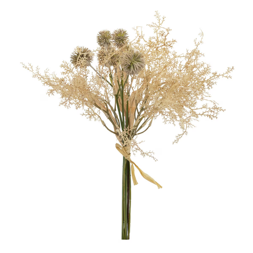 Thistle and Mist faux dried bouquet showing wispy cream feathery stems and textural green globe thistle flower heads in a white background