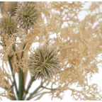 Close-up of Thistle and Mist faux dried bouquet showing wispy cream feathery stems and textural green globe thistle flower heads