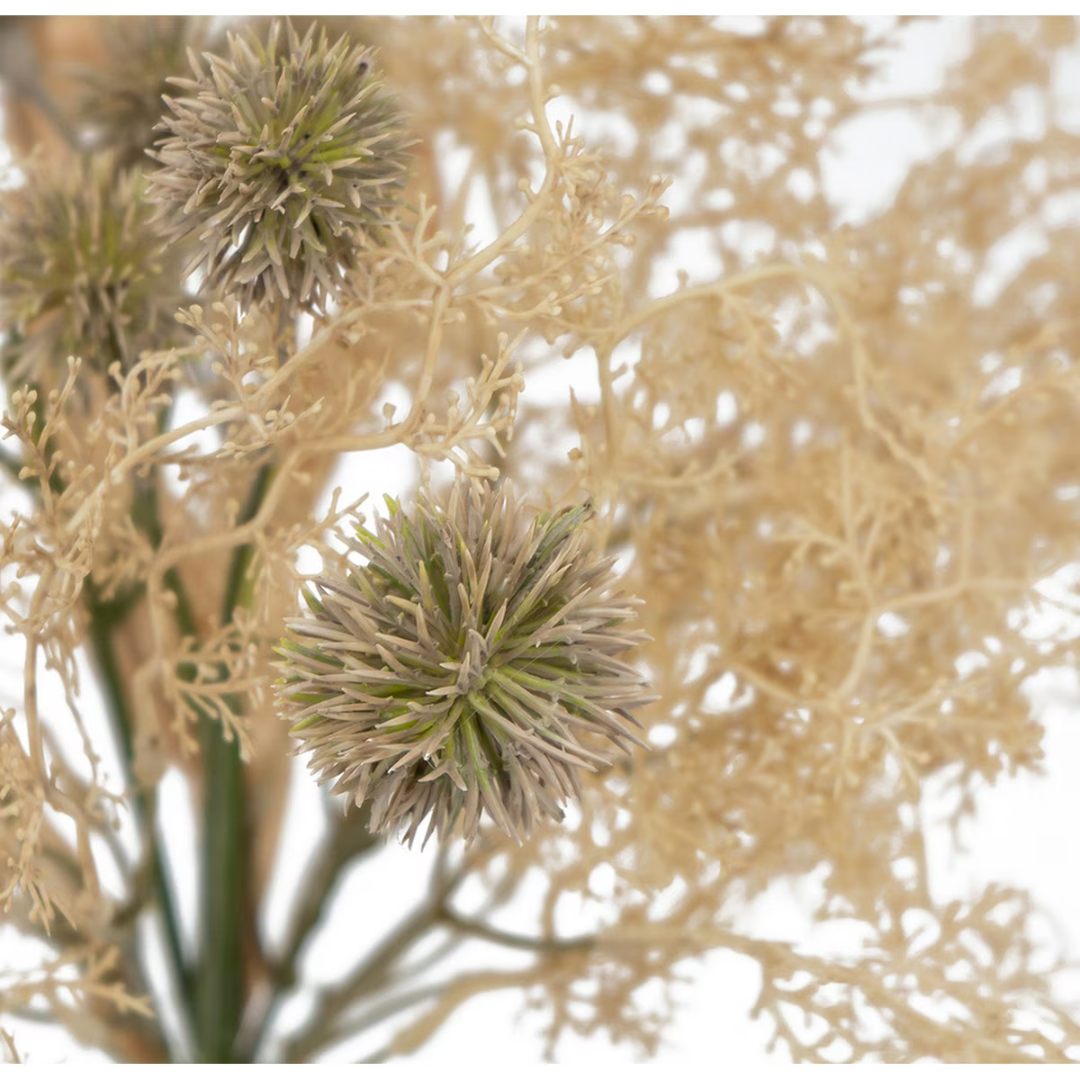 Close-up of Thistle and Mist faux dried bouquet showing wispy cream feathery stems and textural green globe thistle flower heads