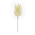 Single ivory cream faux pampas grass stem with full feathery plume head and long green wire stem, photographed on white background