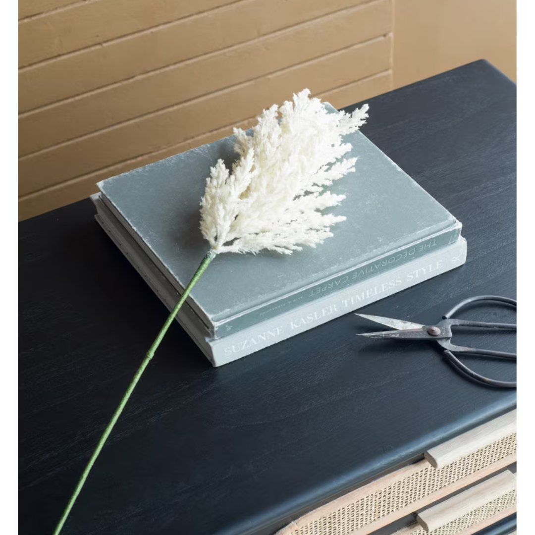 Single ivory faux pampas grass stem laid casually across a stack of styling books on a dark surface with vintage scissors, styled against a warm terracotta background