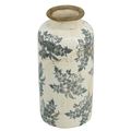 Cream ceramic bottle vase with grey botanical floral toile print and antique crackle-glaze finish, photographed on white background