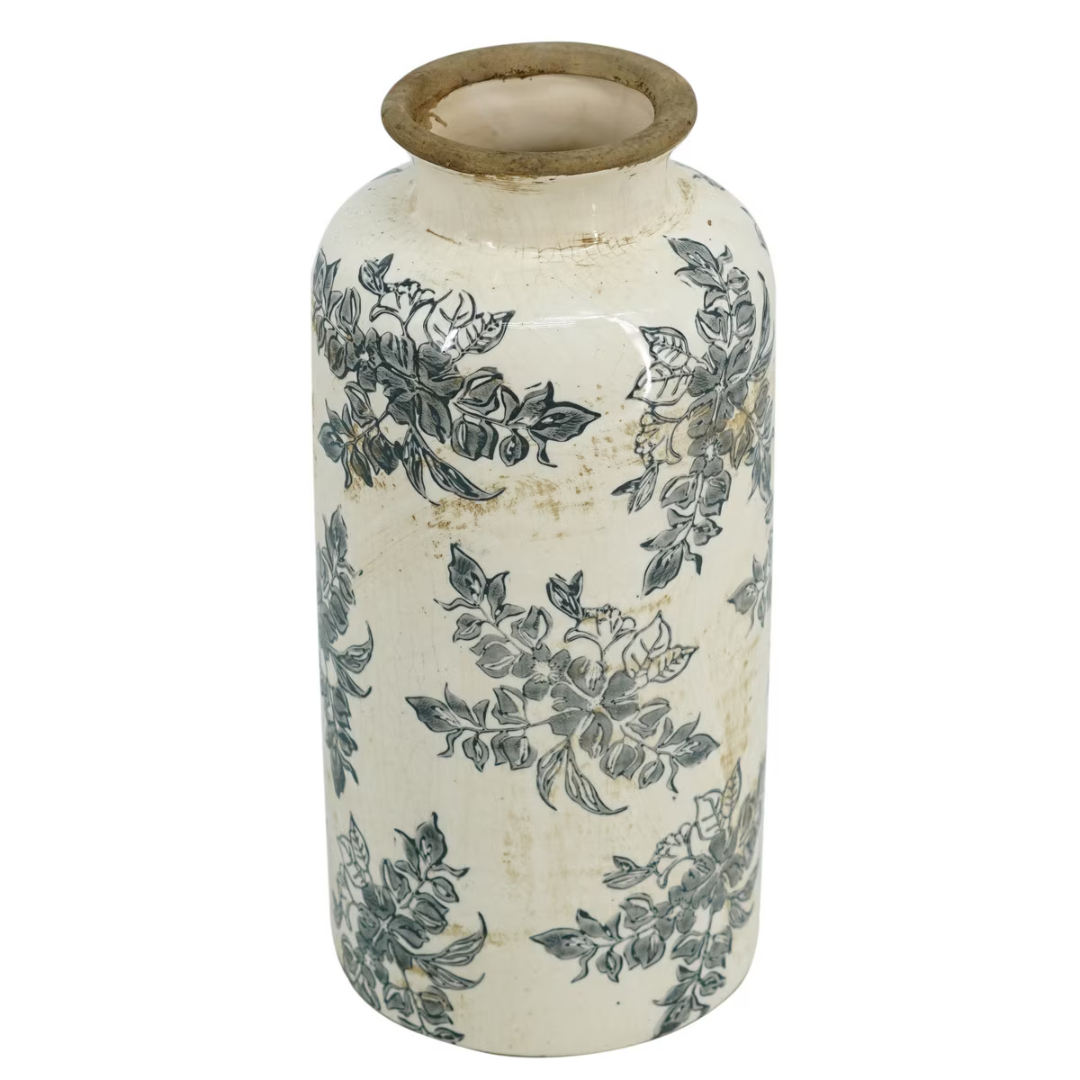 Cream ceramic bottle vase with grey botanical floral toile print and antique crackle-glaze finish, photographed on white background