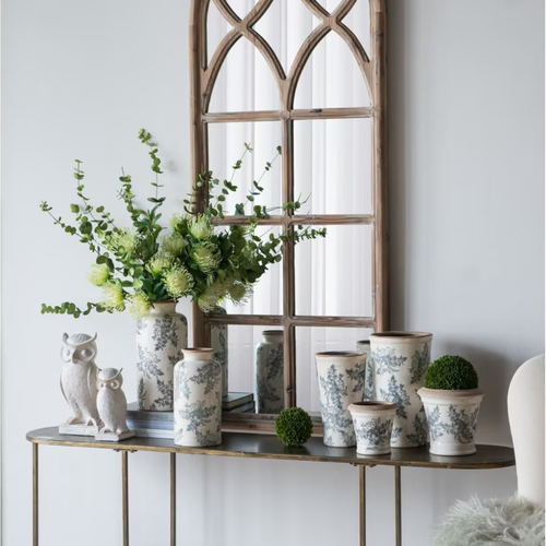 Jardin Toile ceramic cylinder vase styled with botanical stems as part of the Jardin Toile Collection
