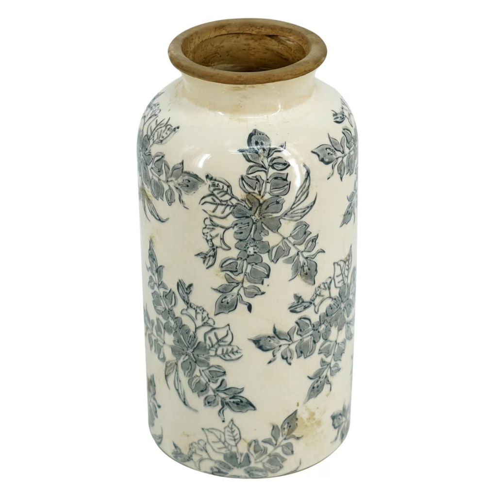 Small white ceramic vase with grey botanical toile floral print and antique crackle-glaze finish, photographed on white background