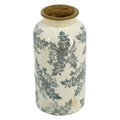 Small white ceramic vase with grey botanical toile floral print and antique crackle-glaze finish, photographed on white background
