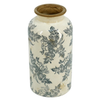Small white ceramic vase with grey botanical toile floral print and antique crackle-glaze finish, photographed on white background