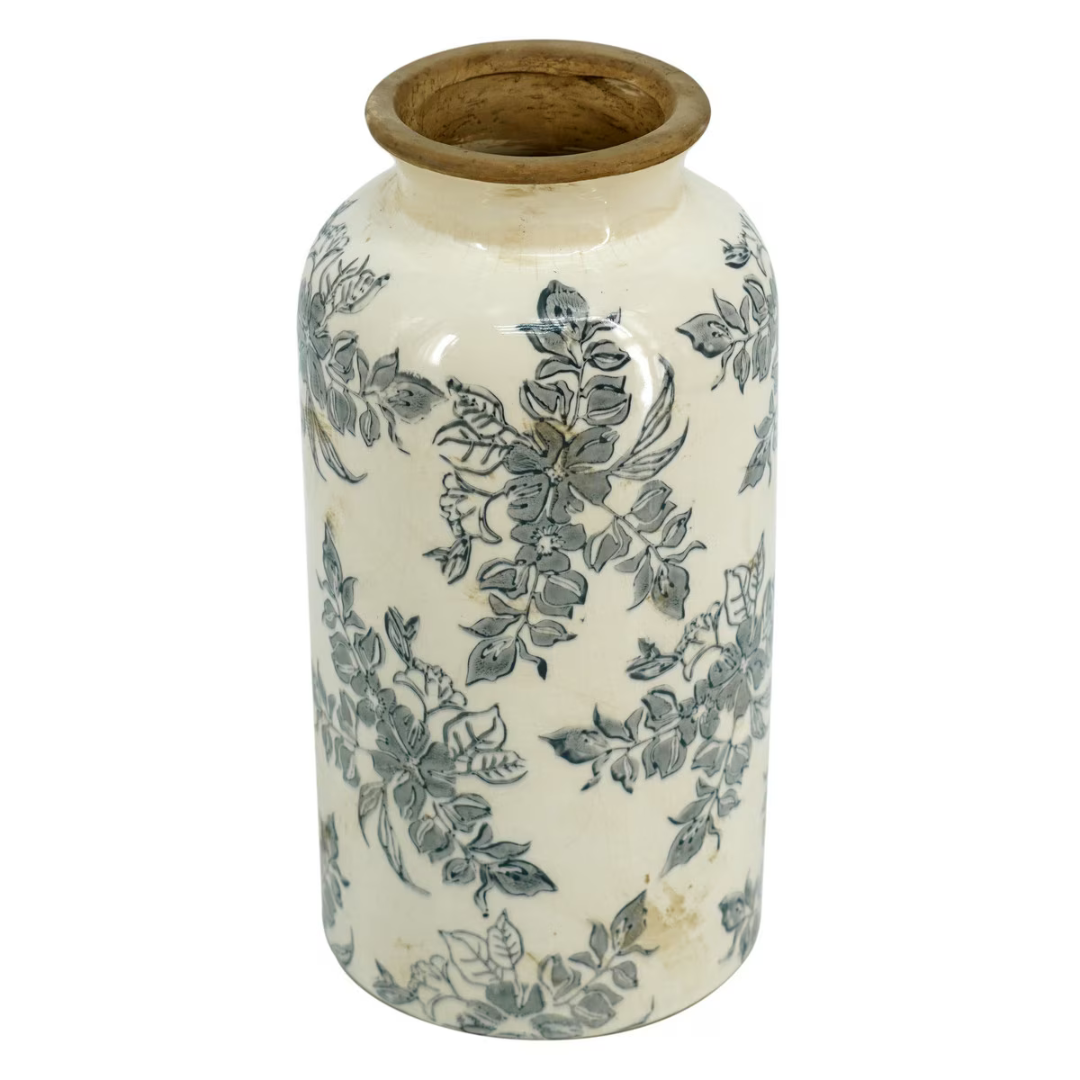 Small white ceramic vase with grey botanical toile floral print and antique crackle-glaze finish, photographed on white background