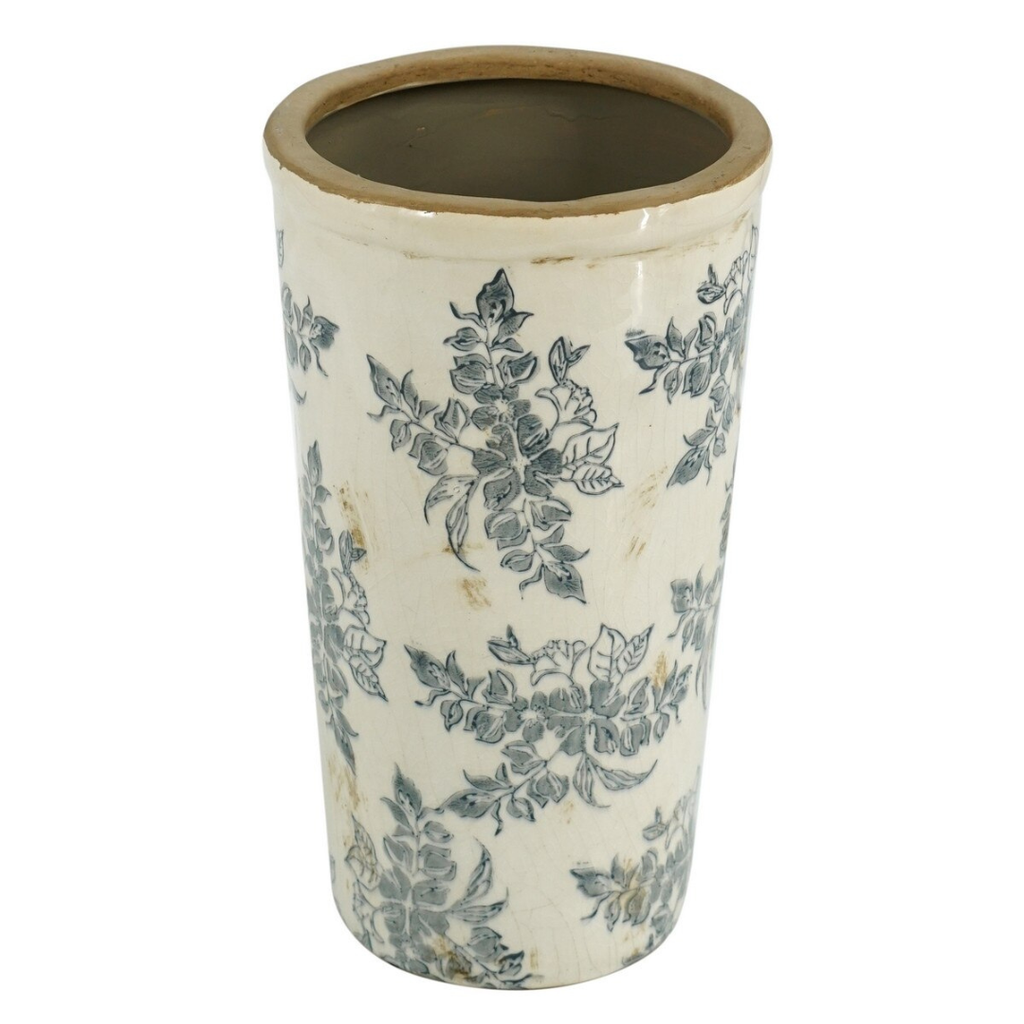 Cream ceramic cylinder vase with wide open top, grey botanical toile floral print and antique crackle-glaze finish, photographed on white background