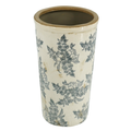 Cream ceramic cylinder vase with wide open top, grey botanical toile floral print and antique crackle-glaze finish, photographed on white background