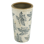Cream ceramic cylinder vase with wide open top, grey botanical toile floral print and antique crackle-glaze finish, photographed on white background