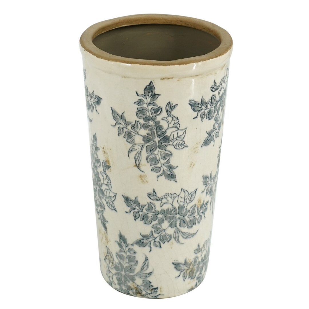 Cream ceramic cylinder vase with wide open top, grey botanical toile floral print and antique crackle-glaze finish, photographed on white background