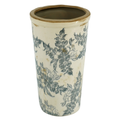 Cream ceramic tapered vase with dense grey botanical toile floral print and antique crackle-glaze finish, wider at the top and narrowing toward the base, photographed on white background