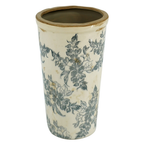 Cream ceramic tapered vase with dense grey botanical toile floral print and antique crackle-glaze finish, wider at the top and narrowing toward the base, photographed on white background