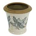 Short wide cream ceramic pot with flared natural terracotta rim, curved waist, grey botanical toile floral print and antique crackle-glaze finish, photographed on white background