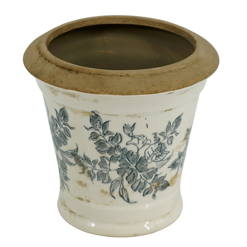 Short wide cream ceramic pot with flared natural terracotta rim, curved waist, grey botanical toile floral print and antique crackle-glaze finish, photographed on white background
