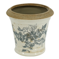 Small cream ceramic pot with wide natural terracotta rim, grey botanical toile floral print and heavily distressed antique crackle-glaze finish, photographed on white background
