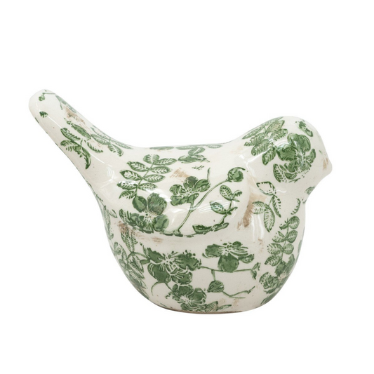 Ceramic Bird with Flower Pattern - Green/White