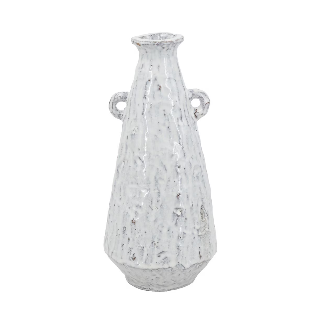 Tall tapered ceramic vase with two small decorative loop handles, mottled white-grey speckled crackle glaze finish and raw terracotta base, photographed on white background