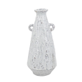 Tall tapered ceramic vase with two small decorative loop handles, mottled white-grey speckled crackle glaze finish and raw terracotta base, photographed on white background