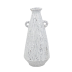 Tall tapered ceramic vase with two small decorative loop handles, mottled white-grey speckled crackle glaze finish and raw terracotta base, photographed on white background