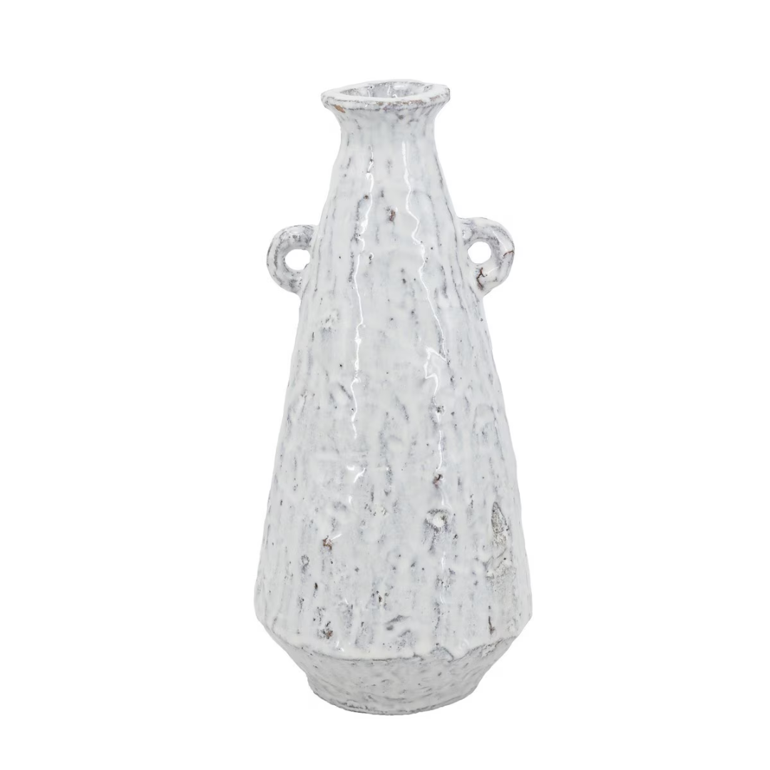 Tall tapered ceramic vase with two small decorative loop handles, mottled white-grey speckled crackle glaze finish and raw terracotta base, photographed on white background