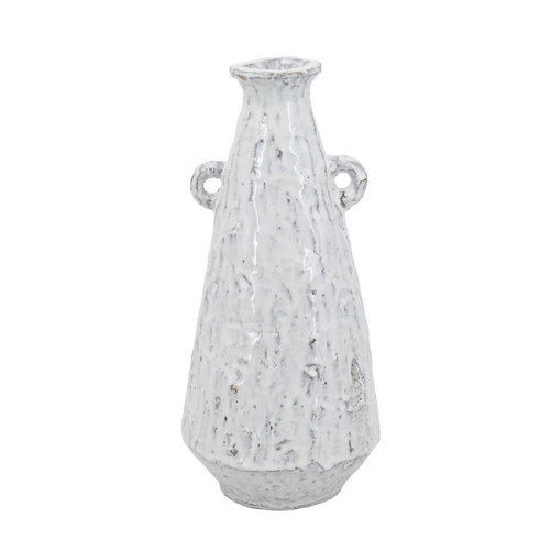 Tall tapered ceramic vase with two small decorative loop handles, mottled white-grey speckled crackle glaze finish and raw terracotta base, photographed on white background
