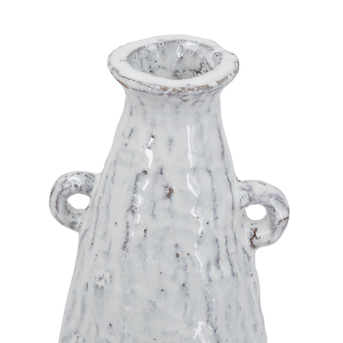 Close-up detail of the neck and decorative loop handles on the Aegean ceramic vase showing mottled white glaze with brown speckled texture and aged finish