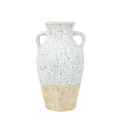 Classic amphora-shaped ceramic vase with two D-shaped handles, rounded body, heavily textured mottled white crackle glaze on upper half and raw sandy terracotta unglazed base, photographed on white background