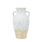 Classic amphora-shaped ceramic vase with two D-shaped handles, rounded body, heavily textured mottled white crackle glaze on upper half and raw sandy terracotta unglazed base, photographed on white background