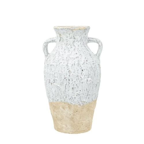 Classic amphora-shaped ceramic vase with two D-shaped handles, rounded body, heavily textured mottled white crackle glaze on upper half and raw sandy terracotta unglazed base, photographed on white background