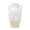 Large rounded ceramic amphora vase with two arched handles, wide spherical body, heavily textured mottled white crackle glaze on upper half and raw sandy terracotta unglazed base, photographed on white background