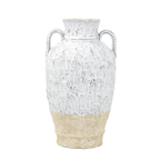 Large rounded ceramic amphora vase with two arched handles, wide spherical body, heavily textured mottled white crackle glaze on upper half and raw sandy terracotta unglazed base, photographed on white background