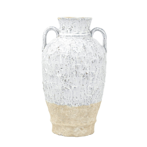 Large rounded ceramic amphora vase with two arched handles, wide spherical body, heavily textured mottled white crackle glaze on upper half and raw sandy terracotta unglazed base, photographed on white background