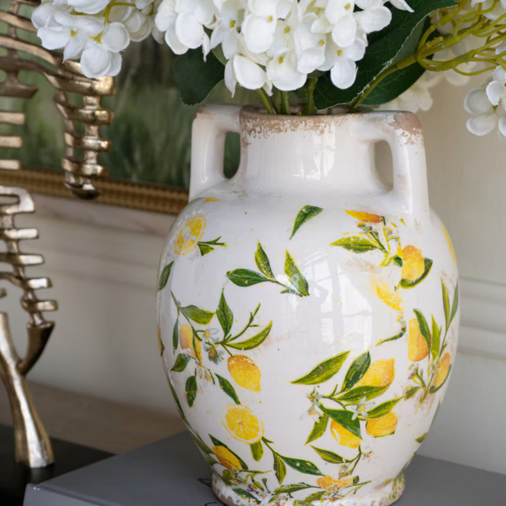 Lemon & Leaves Ceramic Vase with handles