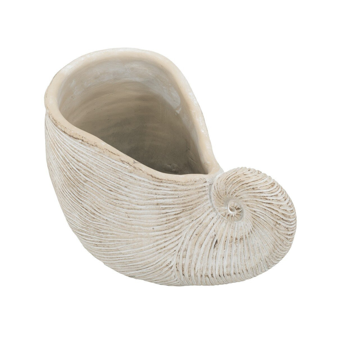 Nautilus shell-shaped ceramic planter with spiral coil form, wide open mouth, ribbed shell texture and whitewash cream finish with warm sandy tones, photographed on white background