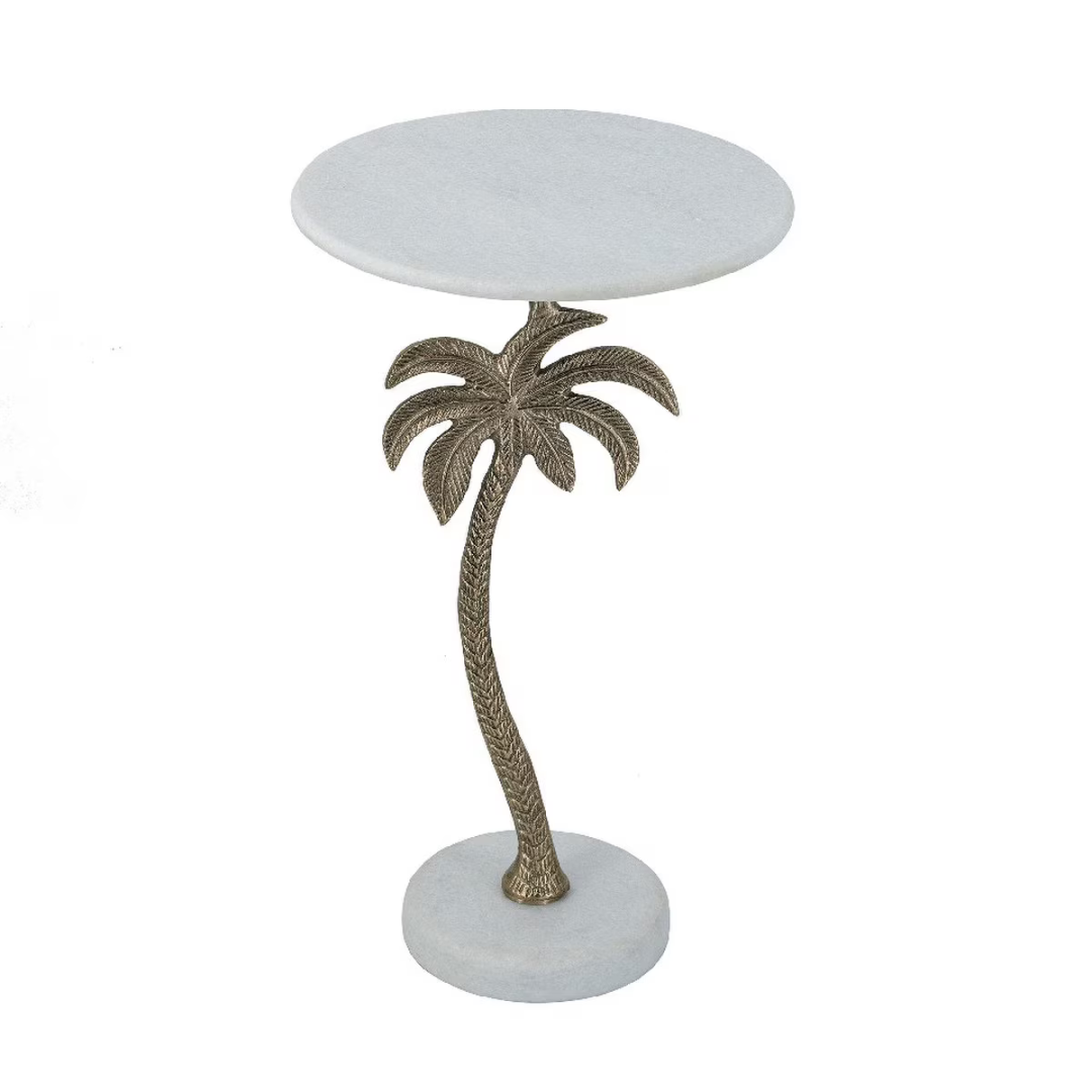 Round marble side table with a unique palm tree base design on the leg